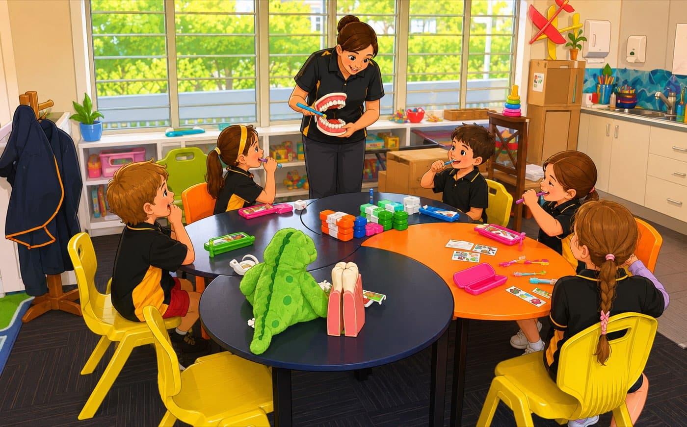 Six children sitting around classroom tables brushing their teeth together while an adult holds up a giant model of a mouth, with the green dragon puppet and a big model tooth on the table in front of them